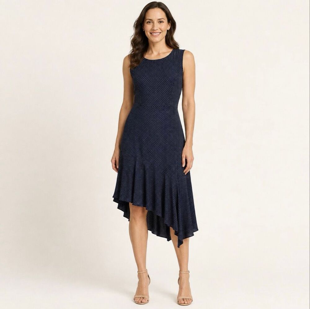 Kobi Halperin Bailee Silk Polka Dot Asymmetric Cocktail Dress Navy 6